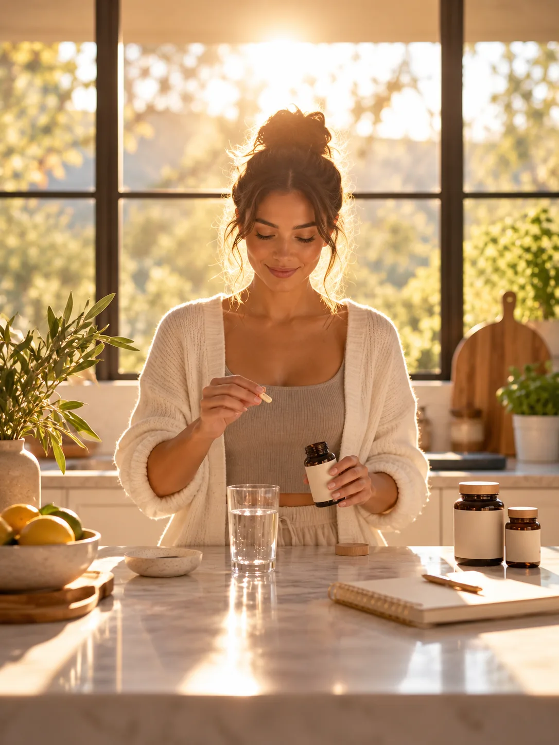 Woman meditating on a wooden deck at sunrise