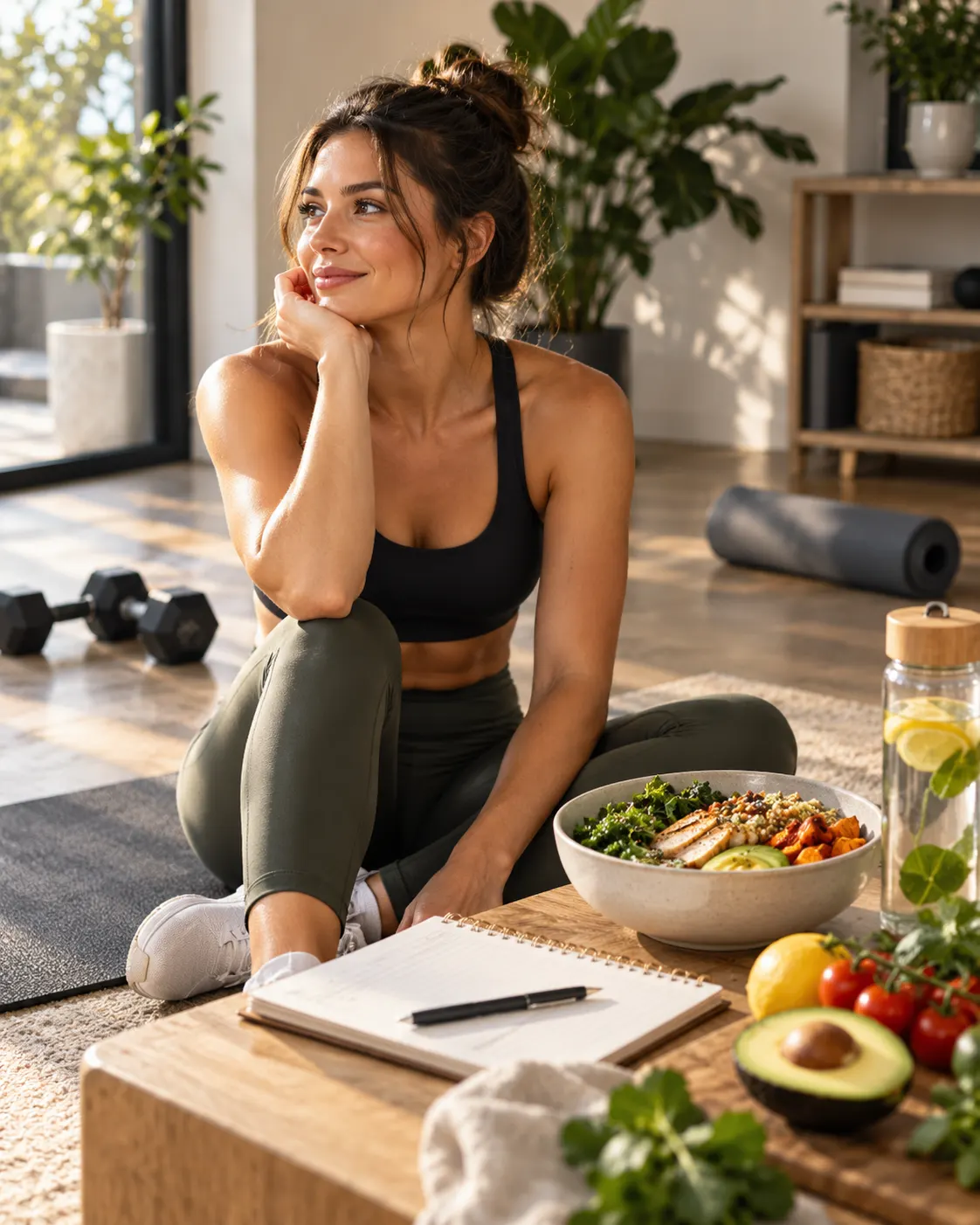 Woman with a training rope over her shoulder in a gym
